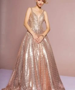 Elizabeth K - GL2652 Sequined Plunging V-Neck Gown