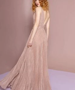 Elizabeth K - GL2687 Deep V-neck Pleated A-line Dress