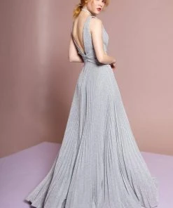 Elizabeth K - GL2687 Deep V-neck Pleated A-line Dress