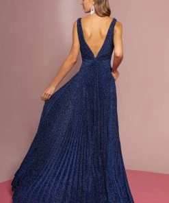 Elizabeth K - GL2687 Deep V-neck Pleated A-line Dress