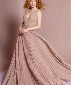 Elizabeth K - GL2687 Deep V-neck Pleated A-line Dress