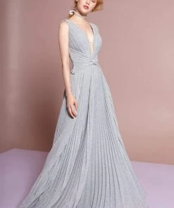 Elizabeth K - GL2687 Deep V-neck Pleated A-line Dress