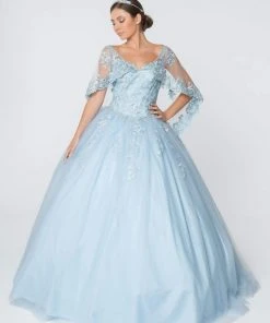 Elizabeth K - GL2800 Sheer Cape Sleeve Appliqued Glitter Ballgown