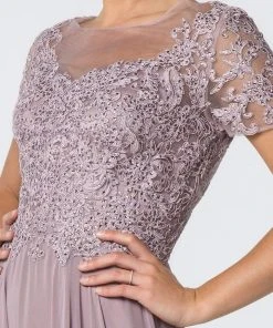 Elizabeth K - GL2813 Short Sleeve Embroidered Bodice Chiffon Dress