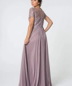 Elizabeth K - GL2813 Short Sleeve Embroidered Bodice Chiffon Dress