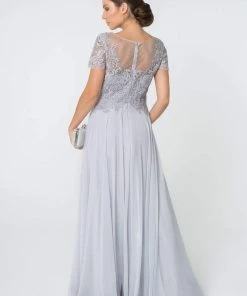 Elizabeth K - GL2813 Short Sleeve Embroidered Bodice Chiffon Dress