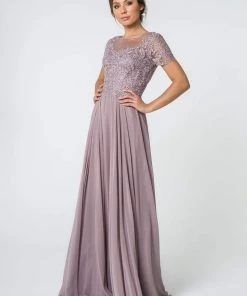 Elizabeth K - GL2813 Short Sleeve Embroidered Bodice Chiffon Dress