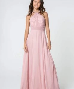Elizabeth K - GL2816 Knotted Halter Bodice Chiffon A-Line Dress