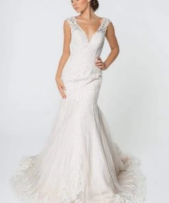 Elizabeth K - GL2821 Embellished Lace V-neck Trumpet Gown