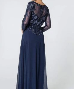 Elizabeth K - GL2825 Embellished V-neck Chiffon A-line Dress