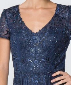 Elizabeth K - GL2829 Long V-Neck Embellished Lace A-Line Dress