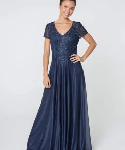 Elizabeth K - GL2829 Long V-Neck Embellished Lace A-Line Dress