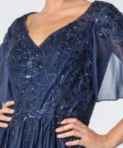 Elizabeth K - GL2830 Sheer Cape Sleeve Appliqued Chiffon Dress