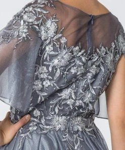 Elizabeth K - GL2830 Sheer Cape Sleeve Appliqued Chiffon Dress