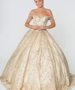Elizabeth K - GL2831 Off Shoulder Glitter Mesh Ballgown