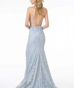 Elizabeth K - GL2898 Strappy Open Back Glitter High Slit Gown