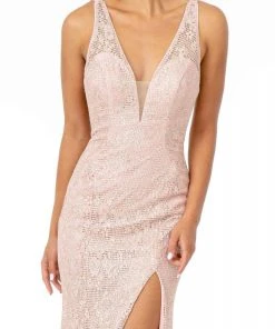 Elizabeth K - GL2898 Strappy Open Back Glitter High Slit Gown