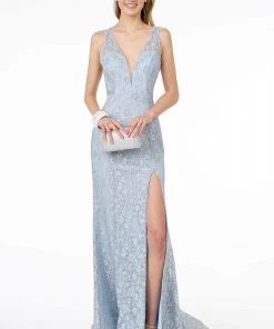 Elizabeth K - GL2898 Strappy Open Back Glitter High Slit Gown