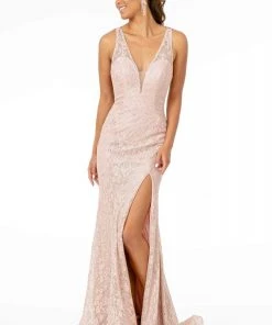 Elizabeth K - GL2898 Strappy Open Back Glitter High Slit Gown