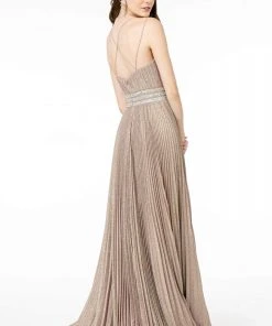 Elizabeth K - GL2905 Deep V Neck Pleated Metallic Glitter A-Line Gown