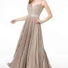 Elizabeth K - GL2905 Deep V Neck Pleated Metallic Glitter A-Line Gown