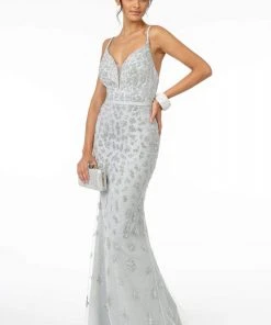Elizabeth K - GL2917 Illusion Deep V-Neck Glitter Mesh Long Gown