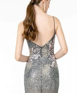 Elizabeth K - GL2929 Metallic Glitter Plunging V-Neck Gown