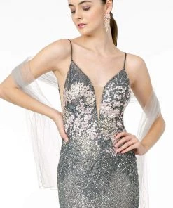Elizabeth K - GL2929 Metallic Glitter Plunging V-Neck Gown
