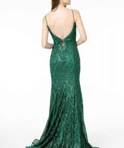 Elizabeth K - GL2950 Sequined Deep V-Neck Trumpet Dress
