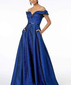 Elizabeth K - GL2982 Folded Off Shoulder Metallic Lame A-Line Gown