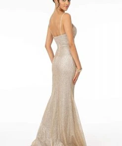 Elizabeth K - GL2988 Glitter Mesh Deep V-Neck Trumpet Dress