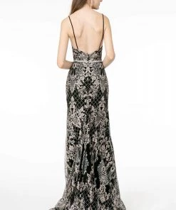 Elizabeth K - GL2990 Jeweled Deep V-Neck Sheath Dress