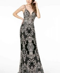 Elizabeth K - GL2990 Jeweled Deep V-Neck Sheath Dress