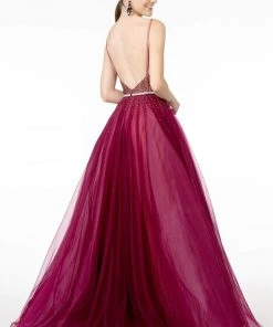 Elizabeth K - GL2991 Embellished Deep V-Neck A-Line Dress