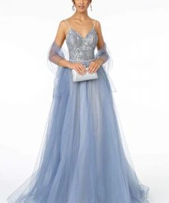 Elizabeth K - GL2991 Embellished Deep V-Neck A-Line Dress