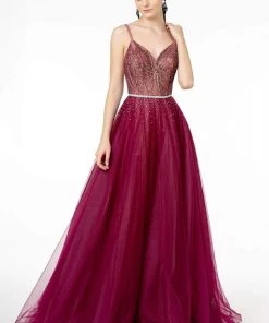 Elizabeth K - GL2991 Embellished Deep V-Neck A-Line Dress