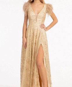 Elizabeth K GL3046 - Feather Sleeves A-Line Dress