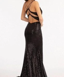 Elizabeth K GL3050 - Lace Trimmed Sequin Prom Dress