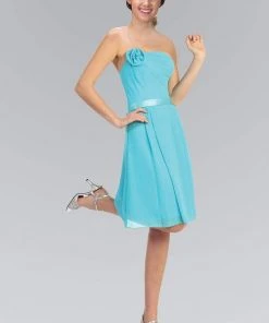 Elizabeth K - GS1080 Floral Accented Straight Neck Chiffon Dress