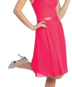 Elizabeth K - GS1080 Floral Accented Straight Neck Chiffon Dress