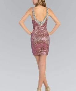 Elizabeth K - GS1117 Beaded Halter Neck Lace Sheath Dress