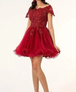 Elizabeth K - GS1953 Lace Embroidered Bodice Fit And Flare Tulle Dress