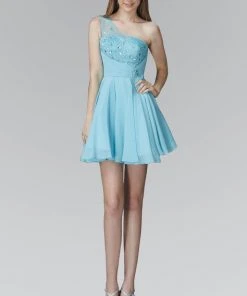 Elizabeth K - GS2020 Beaded Asymmetric Neck Chiffon Dress