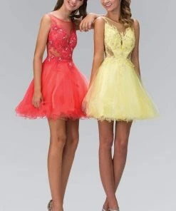 Elizabeth K - GS2156 Embellished Illusion Bateau Neck Tulle Dress