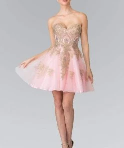 Elizabeth K - GS2371 Strapless Sweetheart Gold Lace Applique Dress