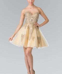 Elizabeth K - GS2371 Strapless Sweetheart Gold Lace Applique Dress