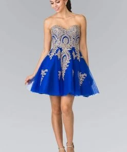 Elizabeth K - GS2371 Strapless Sweetheart Gold Lace Applique Dress