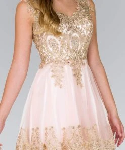 Elizabeth K - GS2403 Gold Lace Applique Tulle Cocktail Dress 19 Elizabeth K - GS2403 Gold Lace Applique Tulle Cocktail Dress