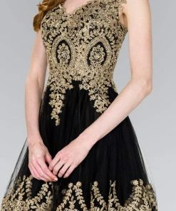 Elizabeth K - GS2403 Gold Lace Applique Tulle Cocktail Dress 17 Elizabeth K - GS2403 Gold Lace Applique Tulle Cocktail Dress