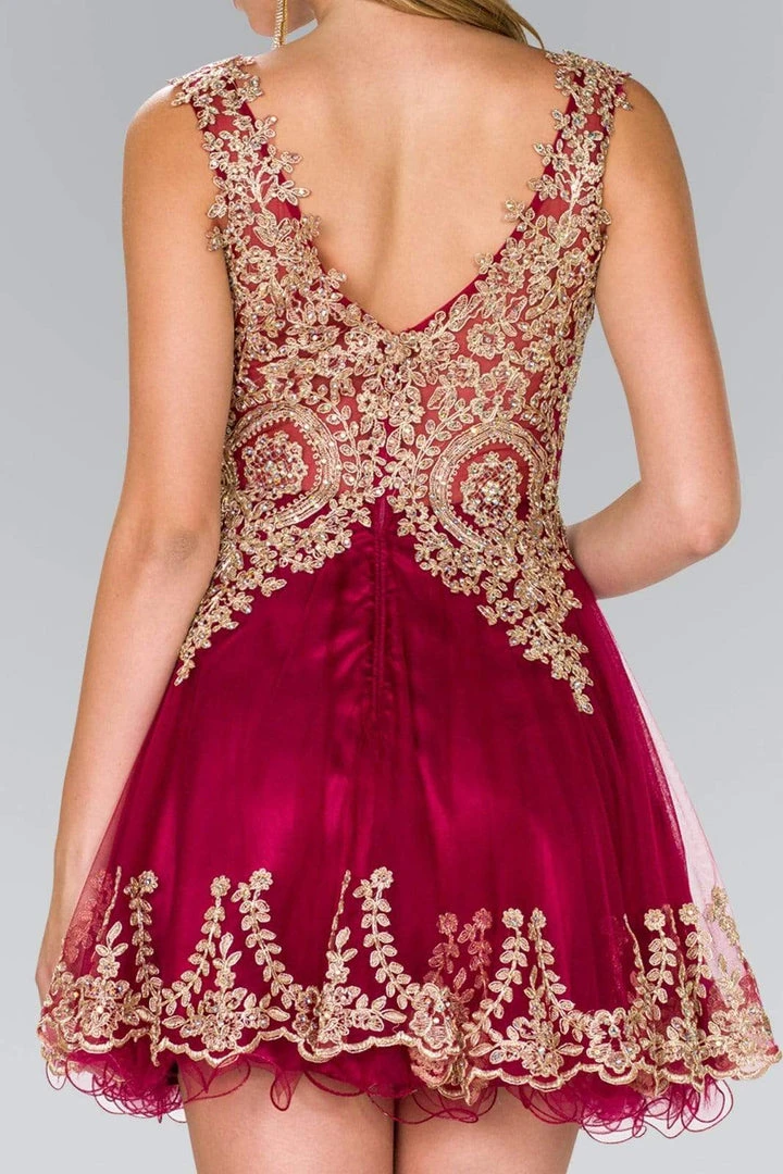 Elizabeth K - GS2403 Gold Lace Applique Tulle Cocktail Dress 8 Elizabeth K - GS2403 Gold Lace Applique Tulle Cocktail Dress